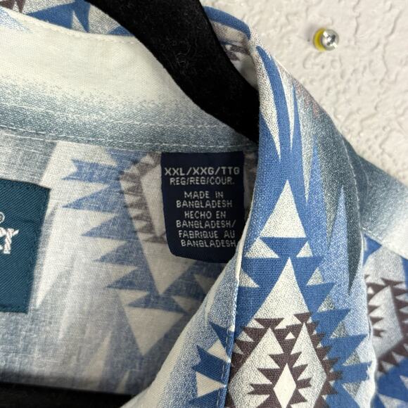 Vintage Wrangler Shirt Mens 2XL XXL Blue Short Sleeve Pearl Snap Aztec Southwest - Picture 5 of 7